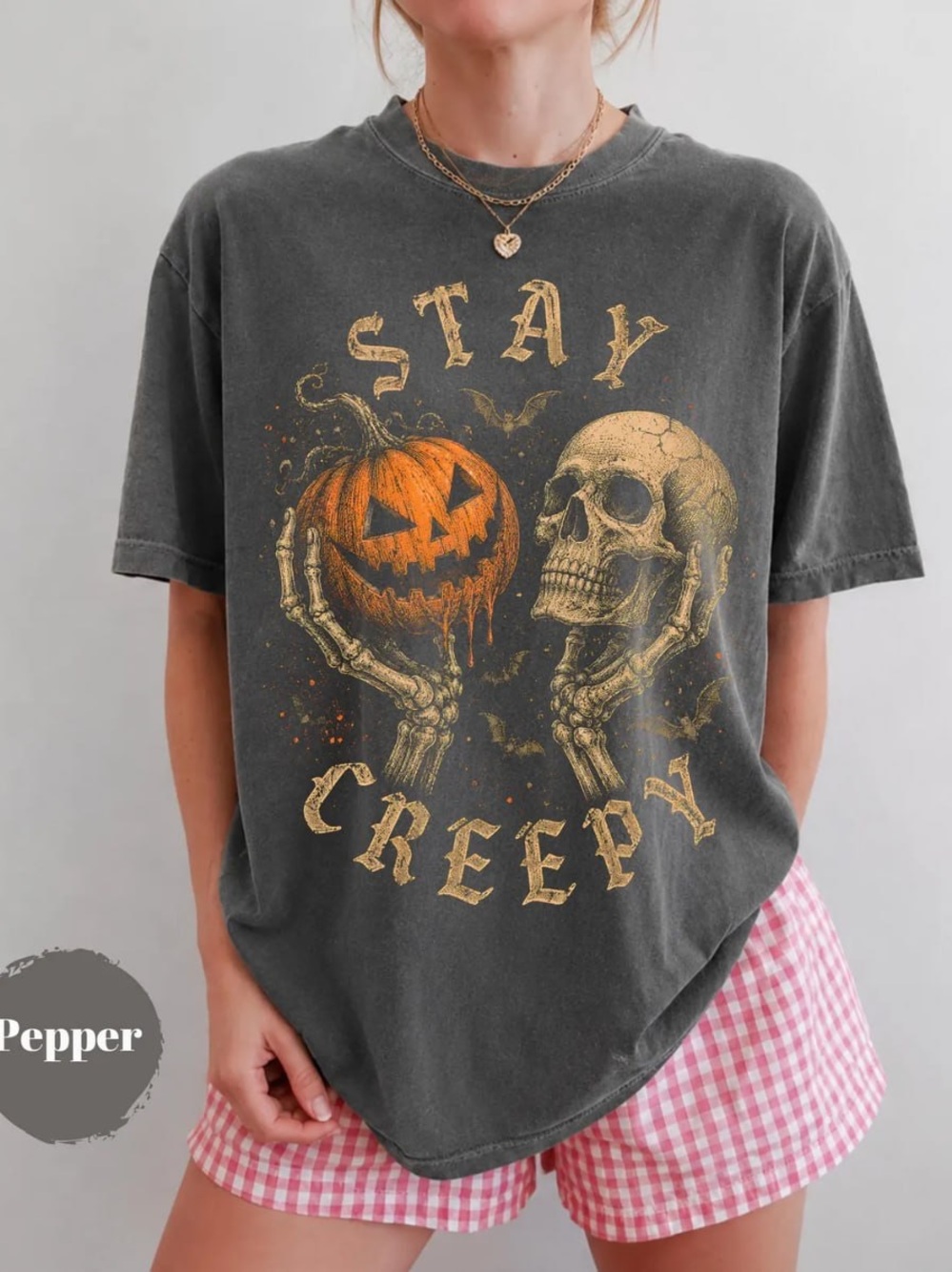 Comfort Colors Pepper 'Stay Creepy' Graphic Tee with Orange Pumpkin